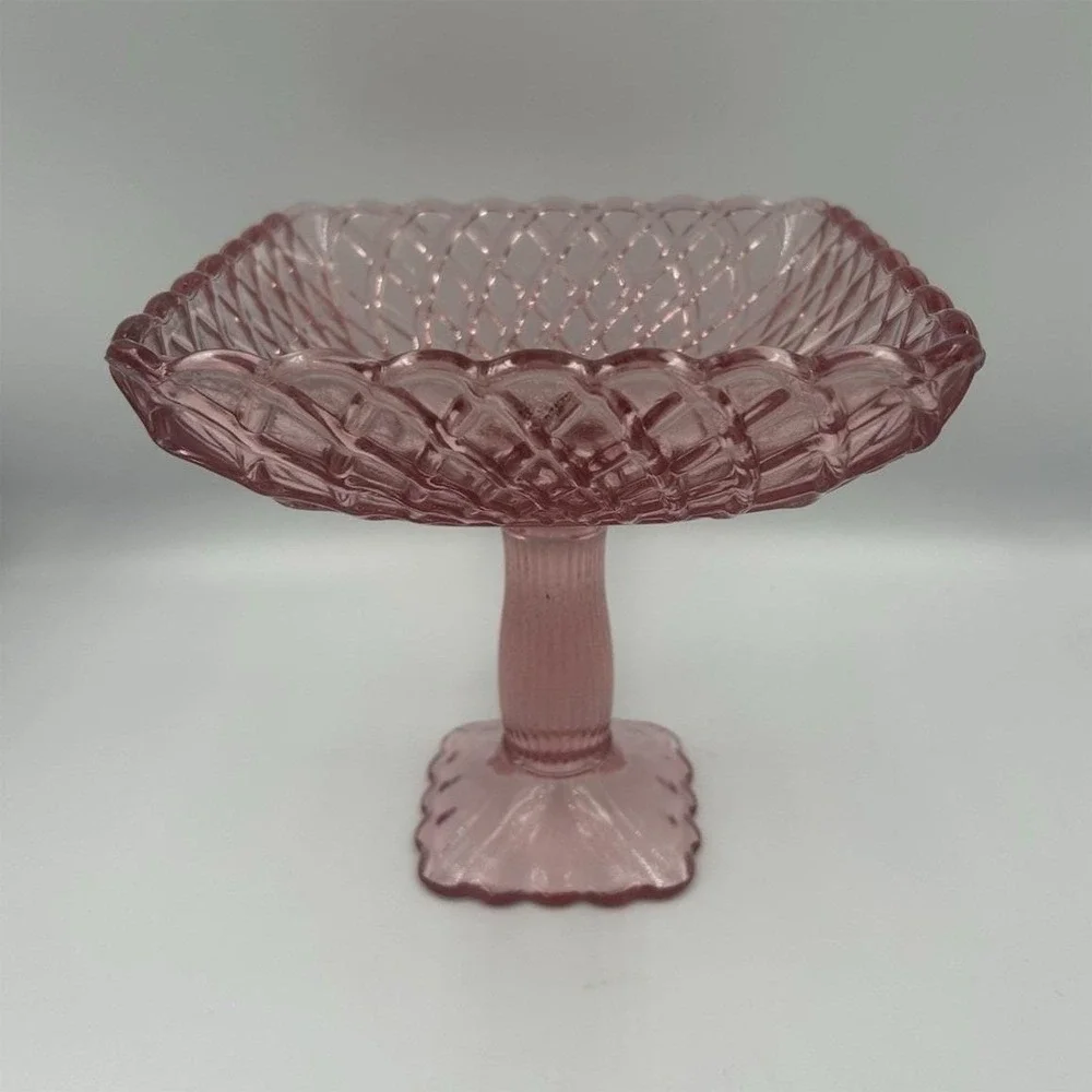 Pink Glass Square Pedestal Compote Dish, Diamond Pattern, 8 in x 8 in